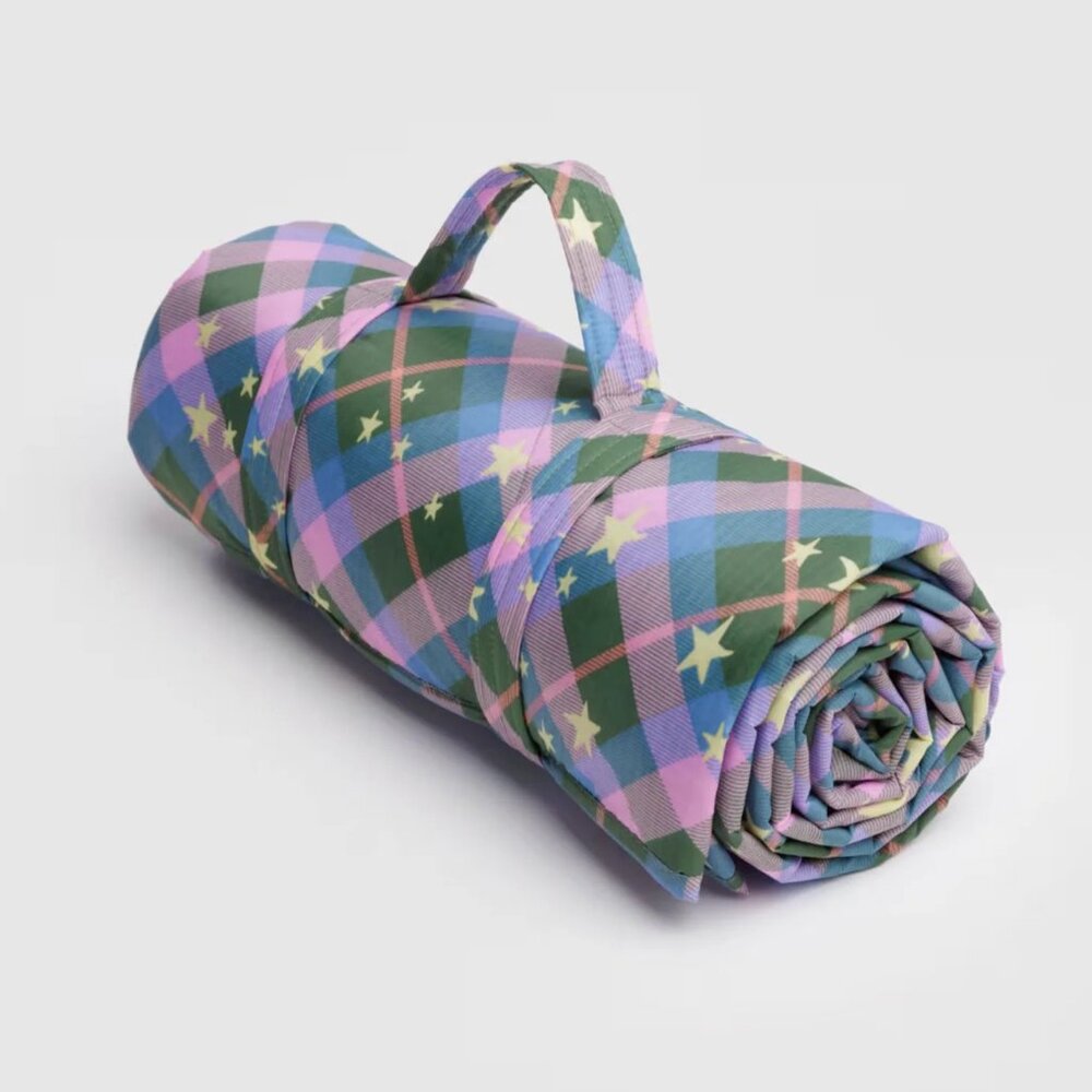 Baggu Puffy Picnic Blanket NWT Green Star Plaid RARE In Hand